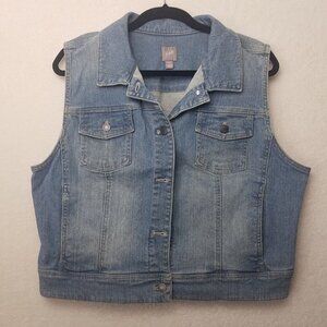 J.Jill Denim Trucker Vest Women L Cotton Blend Wash Blue Distress Pockets